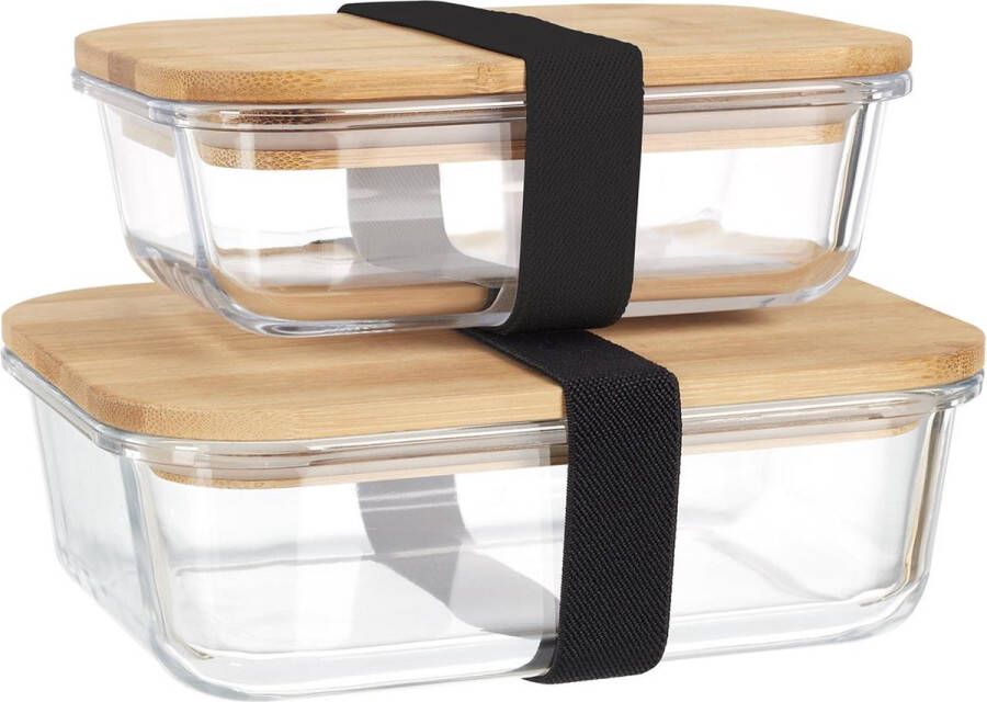 WDMT Set van 2 glazen Vershoudbakjes met bamboe deksels en veiligheidsstrip inhoud: 0 5 L en 0 9 L