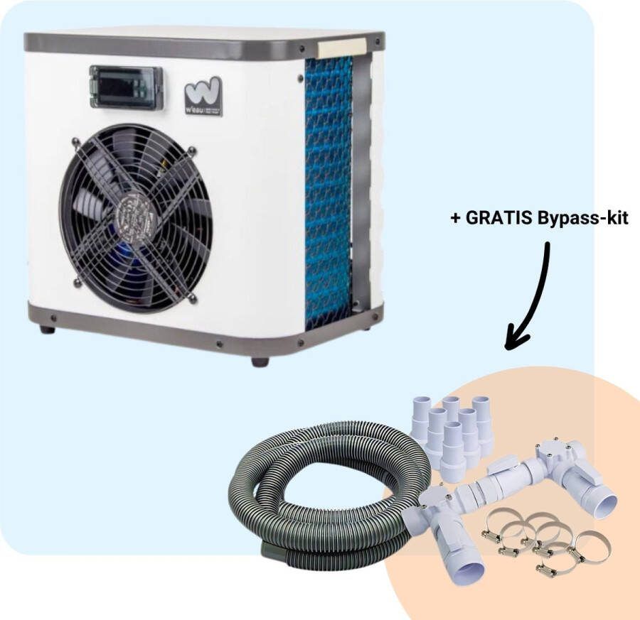 W'eau Mini Power Zwembad Warmtepomp Zwembad Verwarming Pool Heater Energiezuinig Warmtepomp Elektrisch 5kW Staal Grijs Incl. Bypass Kit