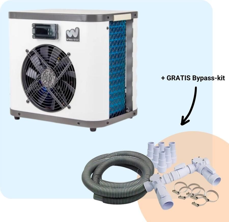 W'eau Mini Power Zwembad Warmtepomp Zwembad Verwarming Pool Heater Energiezuinig Warmtepomp Elektrisch 4kW Staal Grijs Incl. Bypass