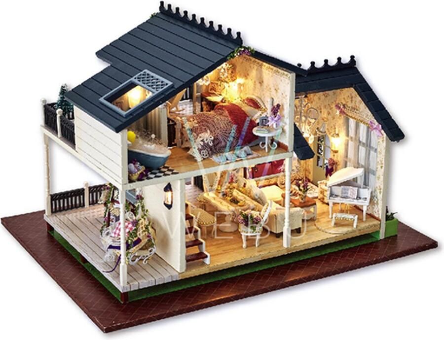 WEBU Premium Miniatuur XXL bouwpakket Voor Volwassenen (14+) Modelbouwpakket DIY Poppenhuis – incl. Led Licht en Muziek Luxury Lavendel