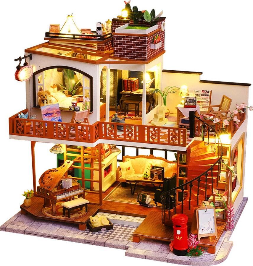 WEBU Premium Miniatuur XXL bouwpakket Voor Volwassenen (14+) Modelbouwpakket DIY Poppenhuis – incl. Led Licht Muziek en bescherming The Piano Villa