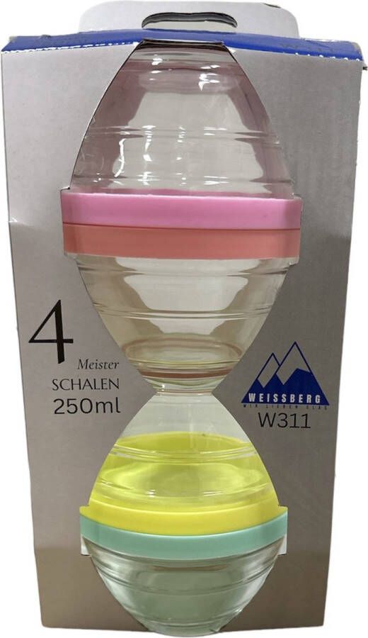 Weissberg gekleurde glazen tapas schalen kommen bewaarbakjes schalen met deksel 250ml 4 stuks