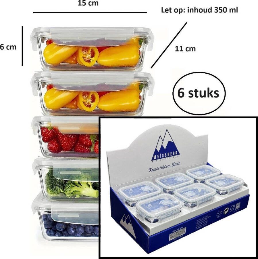 Weissberg glazen small vershoudbakjes 350 ml (6 stuks) meal Prep met deksel magnetronbakjes vershouddoos luchtdicht 15x11x6 cm