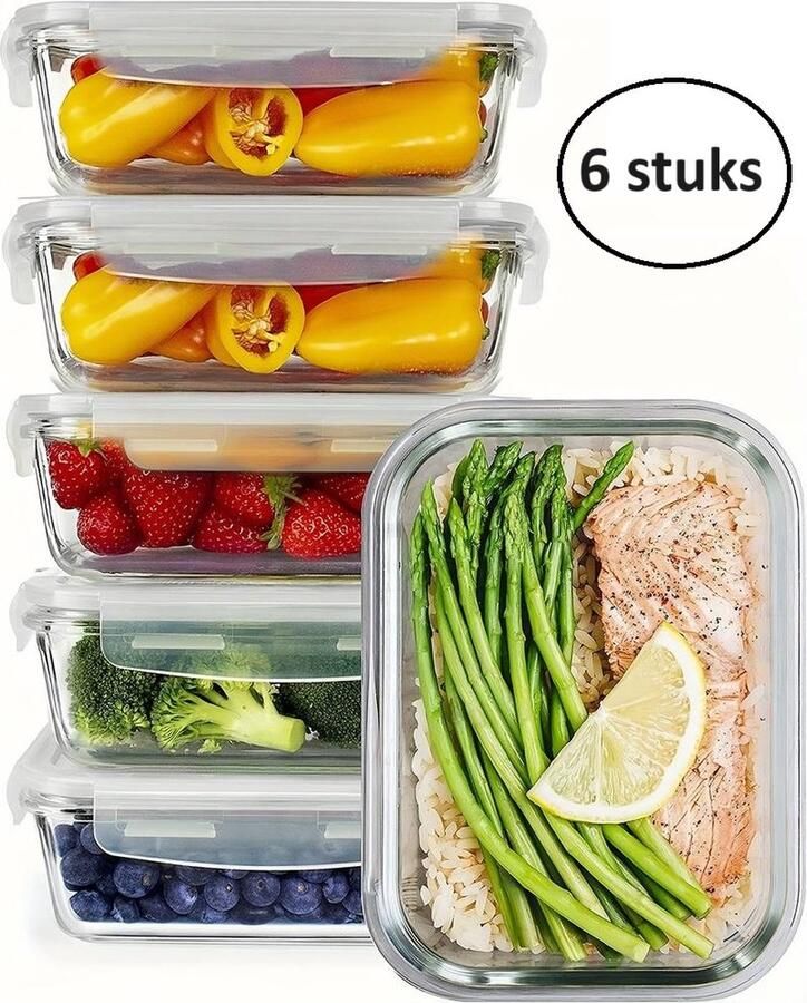 Weissberg glazen medium vershoudbakjes 620 ml (6 stuks) meal Prep met deksel magnetronbakjes vershouddoos luchtdicht 18x13x6 5cm