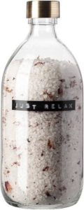Wellmark Badzout helder glas messing dop 500ml Rozen tekst JUST RELAX