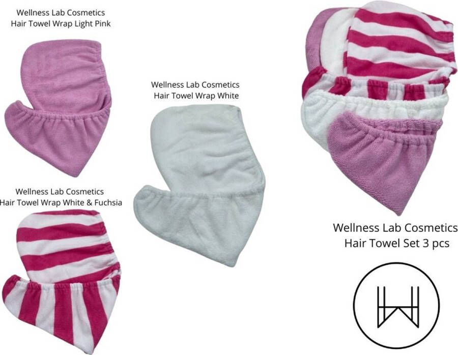 Wellness Lab Cosmetics Haar Handdoek set van 3 Wit Roze Wit Roze