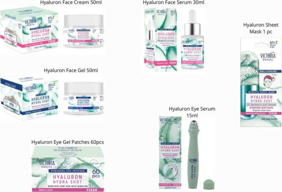 Wellness Lab Cosmetics Victoria beauty 6 Delige Hyaluron Set Face Serum Eye Serum Face Cream Face Gel Eye Gel Patches Sheet Mask