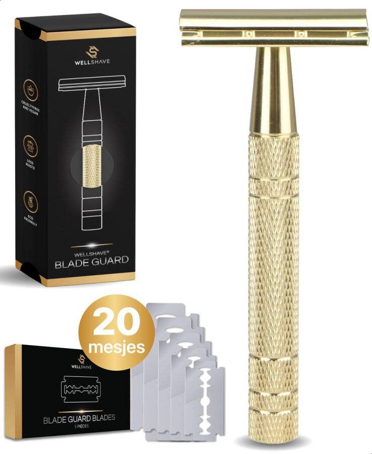 Wellshave Safety Razor Goud RVS + 20 Scheermesjes Vrouwen & Mannen Scheermes Veiligheidsscheermes Double Edge Single Blade