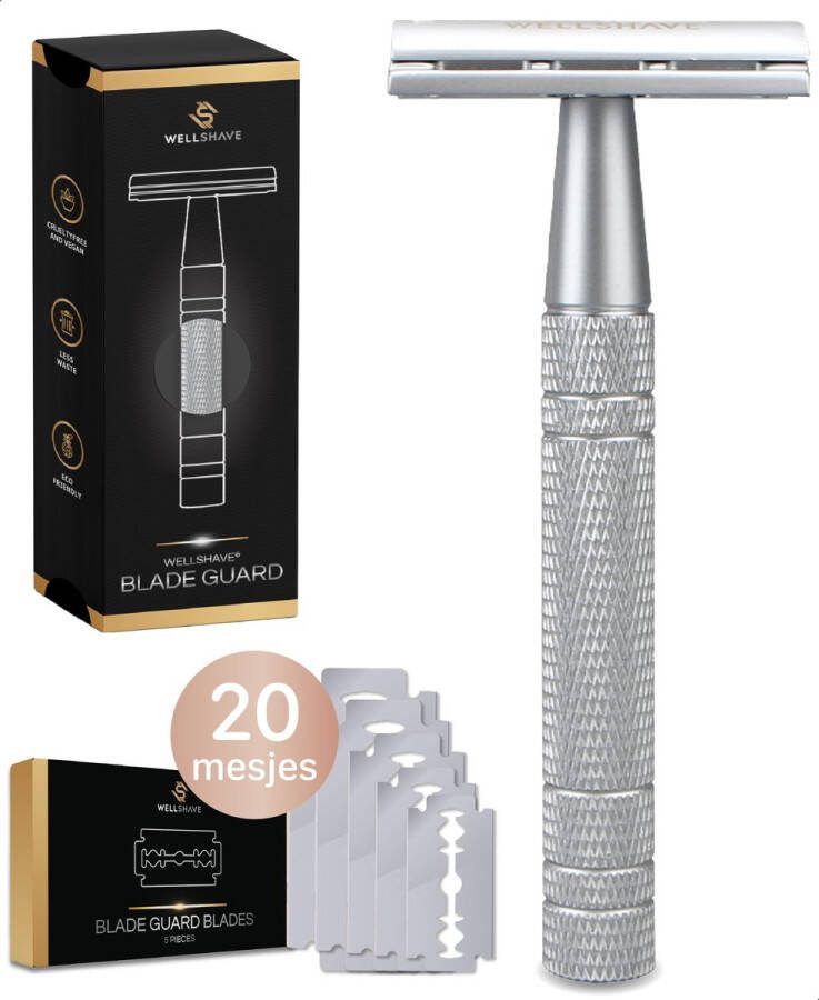 Wellshave Safety Razor Grijs RVS + 20 Scheermesjes Vrouwen & Mannen Scheermes Veiligheidsscheermes Double Edge Single Blade