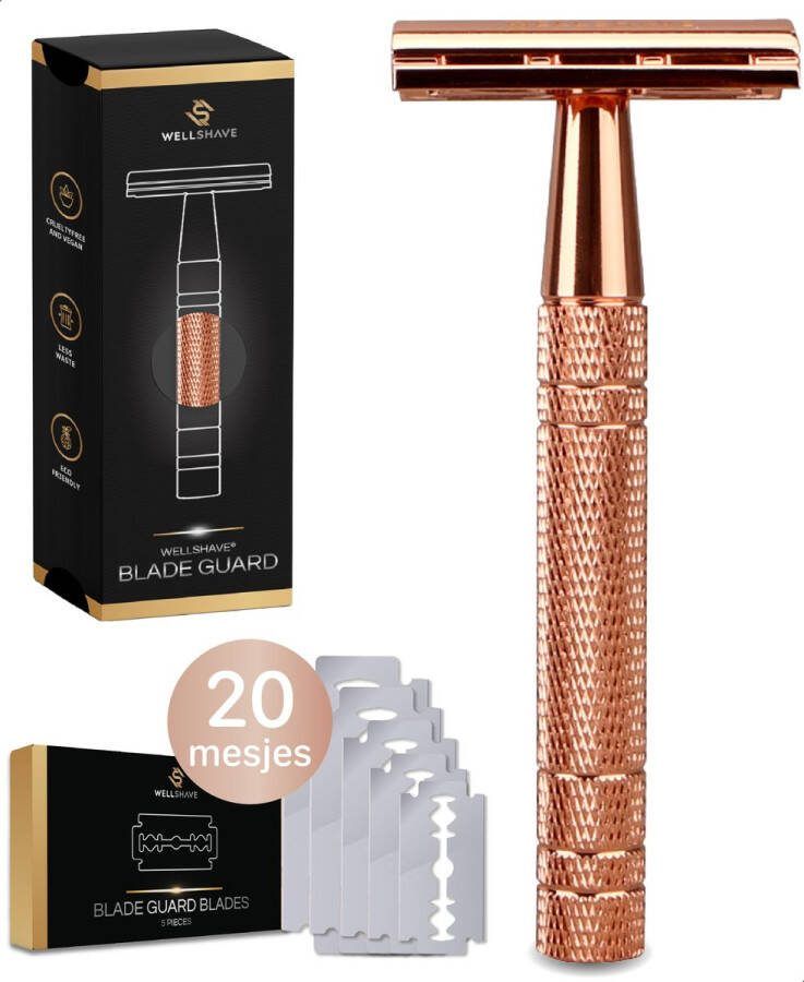 Wellshave Safety Razor Rosé Goud RVS + 20 Scheermesjes Vrouwen & Mannen Scheermes Veiligheidsscheermes Double Edge Single Blade