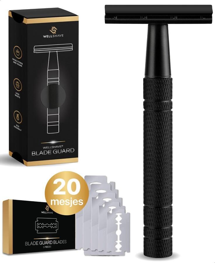 Wellshave Safety Razor Zwart RVS + 20 Scheermesjes Vrouwen & Mannen Scheermes Veiligheidsscheermes Double Edge Single Blade