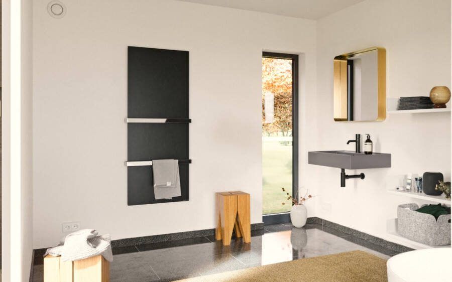 Welltherm luxe badkamerverwarming met handdoek droger 550 Watt kristal zwart met 1 x doorlopend Handdoekhouder chroom
