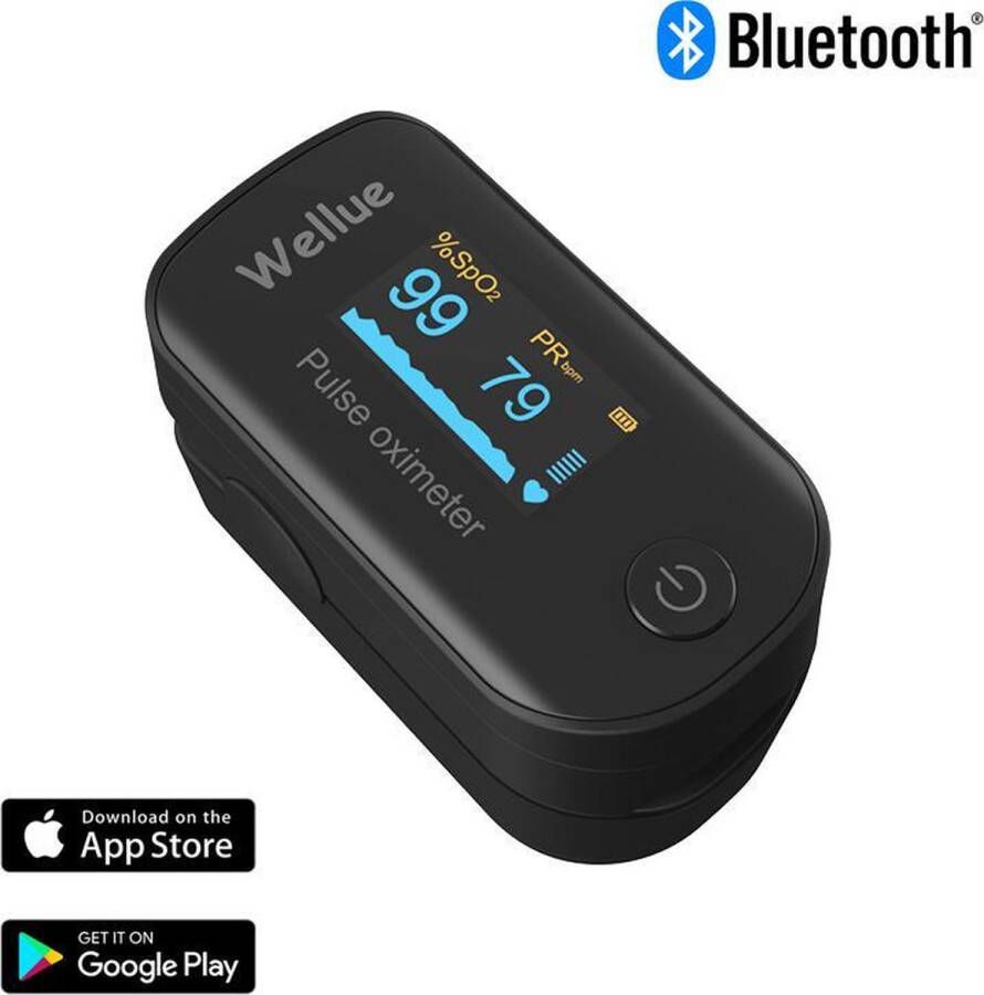 Wellue Saturatiemeter met Mobiele app Hartslagmeter Zuurstofmeter Vinger Bluetooth Inclusief batterijen Wit Pulse Oximeter