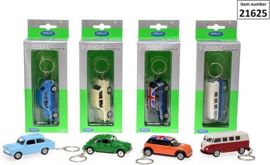 Welly 1:60 auto sleutelhanger rvs 4-ass. Volkswagen Beetle VW T1 Mini Cooper of Trabant