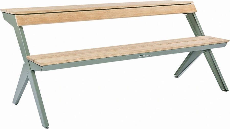 Weltevree Tablebench Multifunctionele Picknicktafel Bankje met Rugsteun Tuinbank Balkontafel Buitenmeubel Eettafel Buiten Bamboe & Staal Grijsgroen RAL 7033