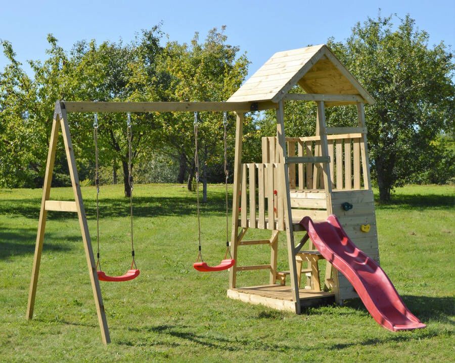 Wendi Toys Houten Speeltoren Met Glijbaan Klimwand Schommels & Picknicktafel | 280x340x270 Cm