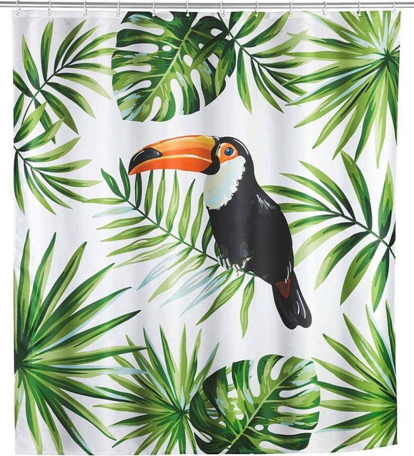 Wenko model Tucan douchegordijn 180 x 200cm in polyester jungle-print WIT GROEN TOEKAN