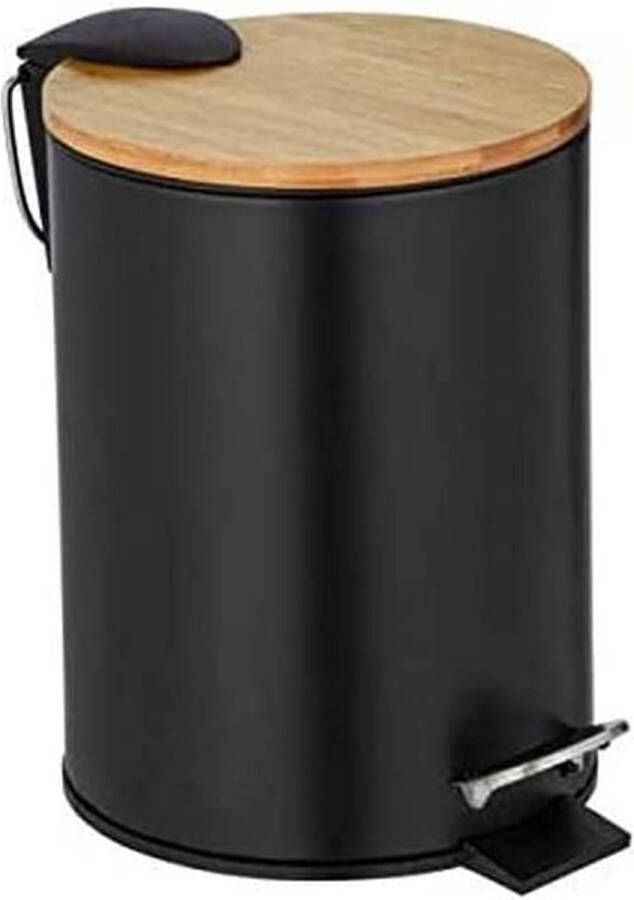Wenko Tortona cosmetische pedaalemmer zwarte emmer met bamboe deksel 3 liter hoogwaardige badkamer afvalemmer met easy-close softclose mechanisme gemaakt van satijn afgewerkt roestvrij staal 17 x 23 5 x 21 cm