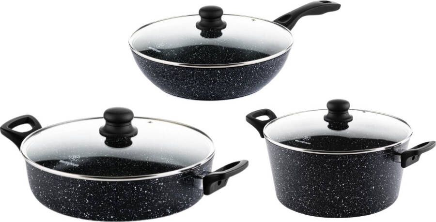 Westinghouse Pannenset Black Marble Wokpan 30cm + Hapjespan 28cm + Braadpan 28cm