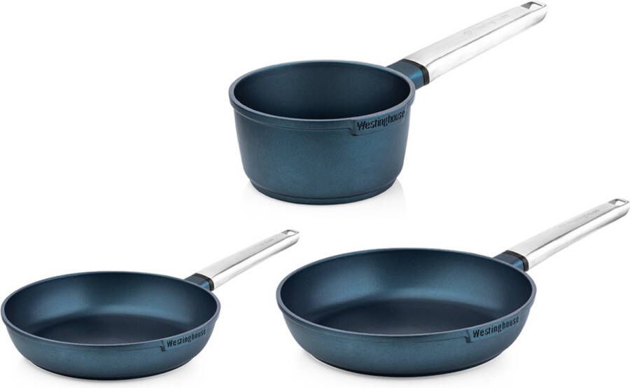 Westinghouse Pannenset Performance Series Koekenpan 24cm + Koekenpan 28cm + Steelpan 18cm Blauw Geschikt voor alle warmtebronnen inclusief inductie