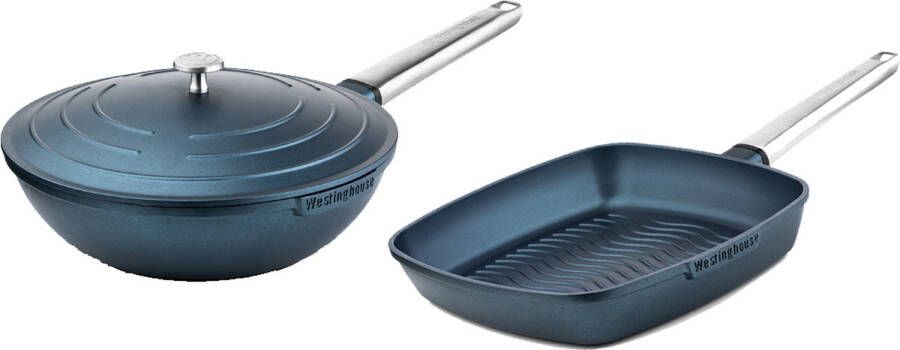 Westinghouse Pannenset Performance Series Wokpan 28cm + Grillpan 28cm Blauw Geschikt voor alle warmtebronnen inclusief inductie