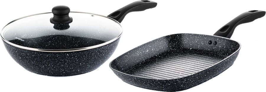 Westinghouse Pannenset Zwart Marmer Grillpan 28cm + Wokpan 30cm Zwart Marmer Geschikt voor alle warmtebronnen inclusief inductie