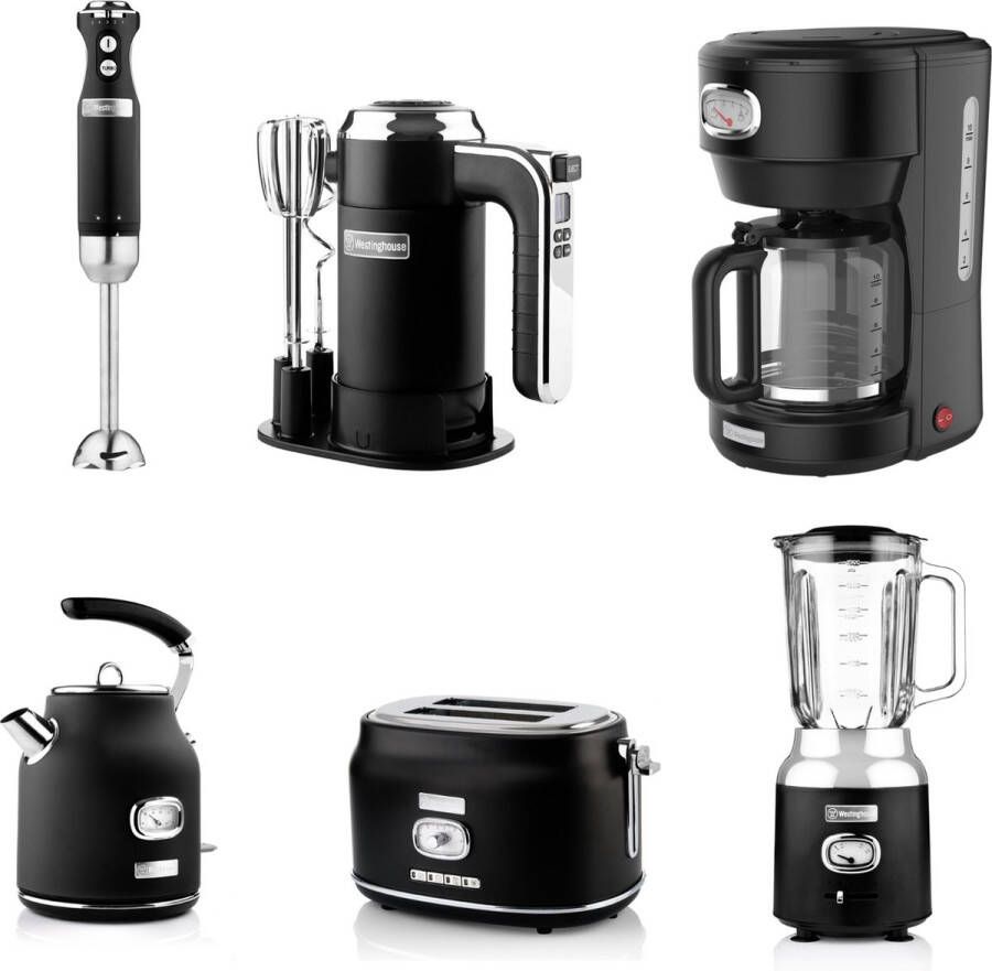 Westinghouse Retro Handmixer Staafmixer + Blender + Waterkoker + Broodrooster 2 Sleuven + Koffiezetapparaat Zwart