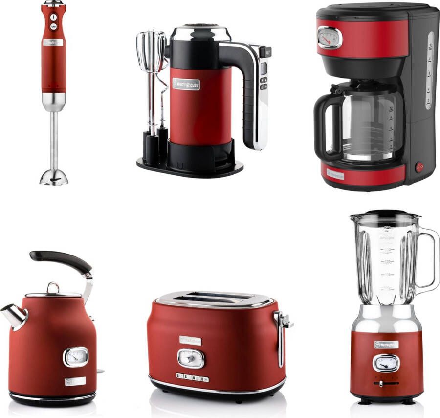 Westinghouse Retro Handmixer Staafmixer + Blender + Waterkoker + Broodrooster 2 Sleuven + Koffiezetapparaat Rood