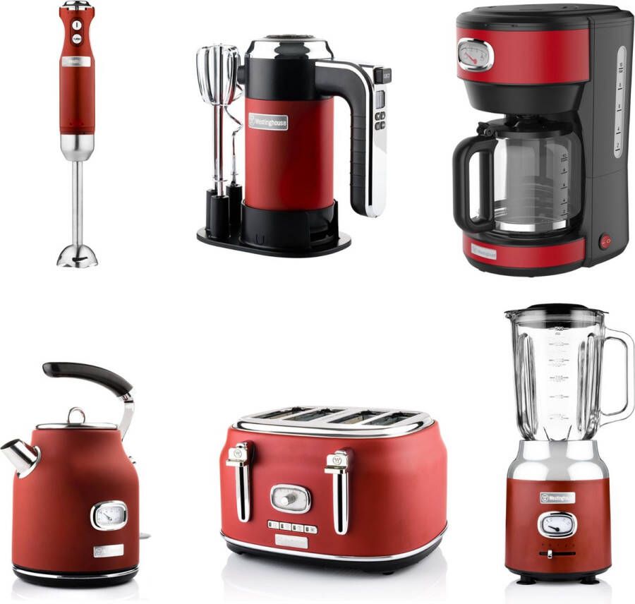 Westinghouse Retro Handmixer + Staafmixer + Blender + Waterkoker + Broodrooster 4 Sleuven + Koffiezetapparaat Rood