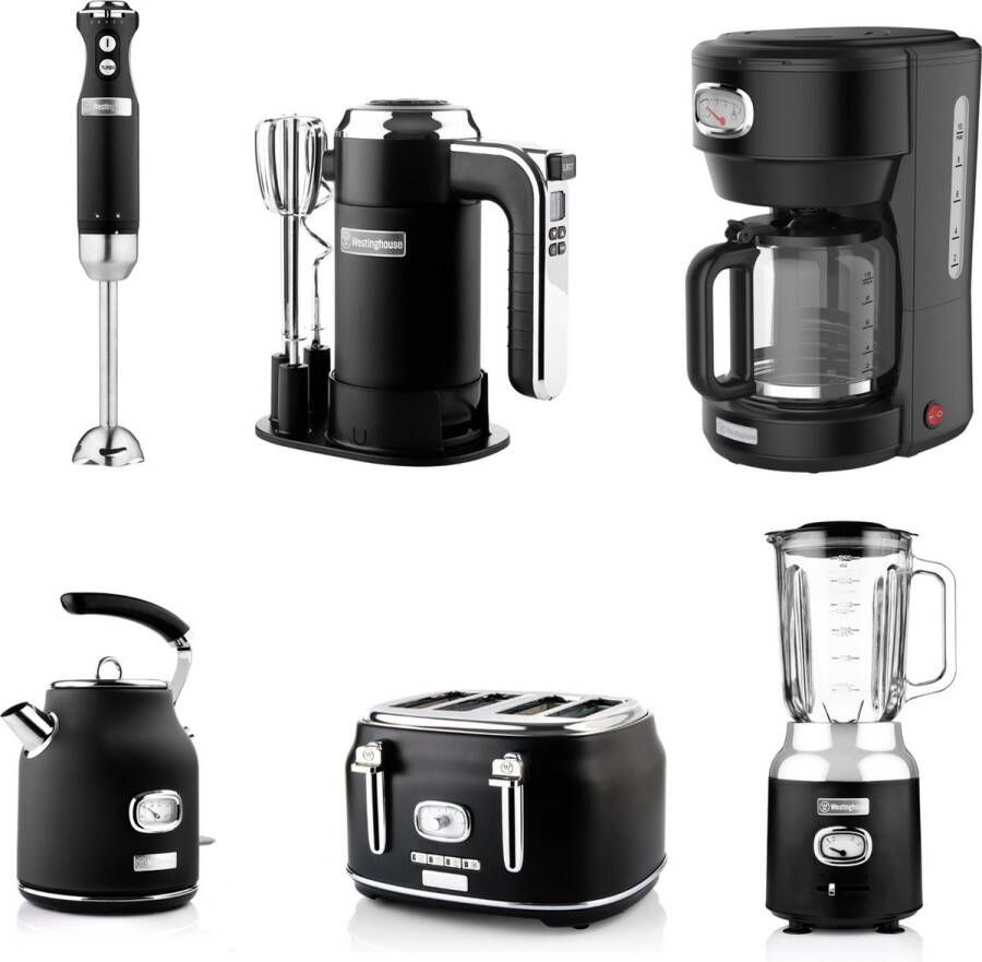 Westinghouse Retro Handmixer + Staafmixer + Blender + Waterkoker + Broodrooster 4 Sleuven + Koffiezetapparaat Zwart