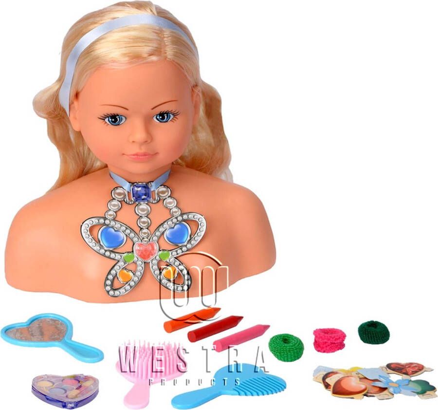 Westra Products Make-up pop 27 cm voor kinderen blond met 30 accessoires en bevestigingsnap kappop kapkop opmaak pop kaphoofd
