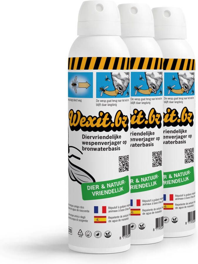 Wexit.bz Volumepack Wespenspray 3x Wespenverjager op bronwaterbasis Dier- en natuurvriendelijk Binnen en Buiten