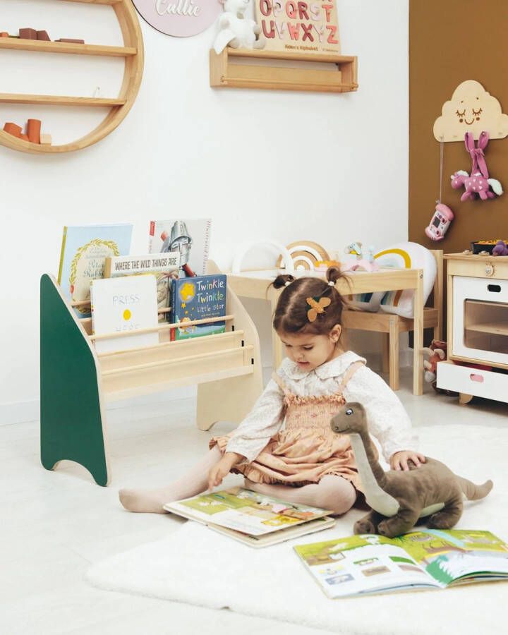 WFL houten kinderboekenrek Groen en Naturel 41.9 x 41.4 cm Montessori boekenkast voor kinderen kinderboeken- speelgoedrek kinderkamerkast bookcase opbergrek