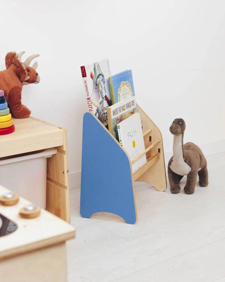 WFL houten kinderboekenrek Montessori 41.9 x 41.4 cm Blauw en Naturel hout boekenkast voor kinderen kinderboeken- speelgoedrek kinderkamerkast bookcase opbergrek