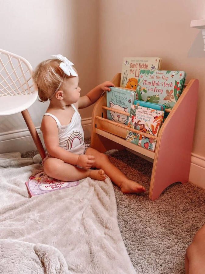 WFL houten kinderboekenrek Roze natuur hout 41.9 x 41.4 cm Montessori boekenkast voor kinderen kinderboeken- speelgoedrek kinderkamerkast bookcase opbergrek
