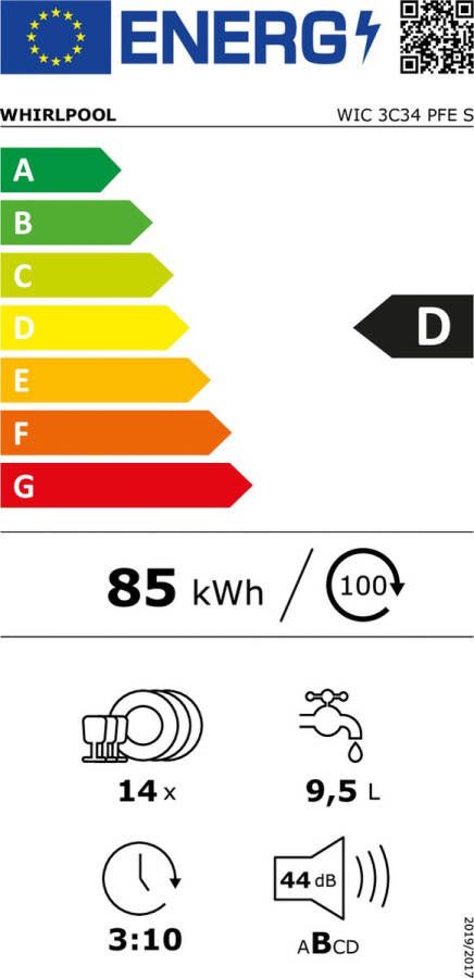 Whirlpool WIC3C34PFES 14 Couverts Energieklasse D