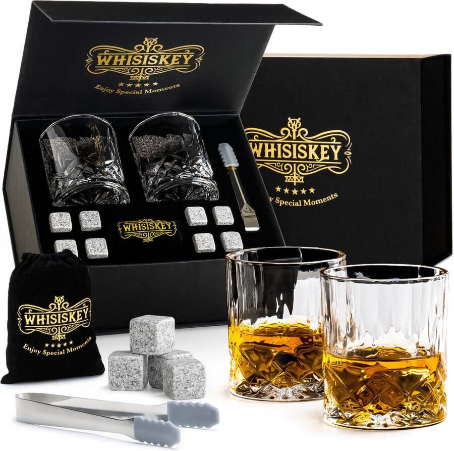 Whisiskey Luxe Whiskey Set Incl. 2 Whiskey Glazen 8 Whiskey Stones Fluwelen Opbergzak Opbergbox Whisky Geschenkdoos Glas Herbruikbare IJsblokjes