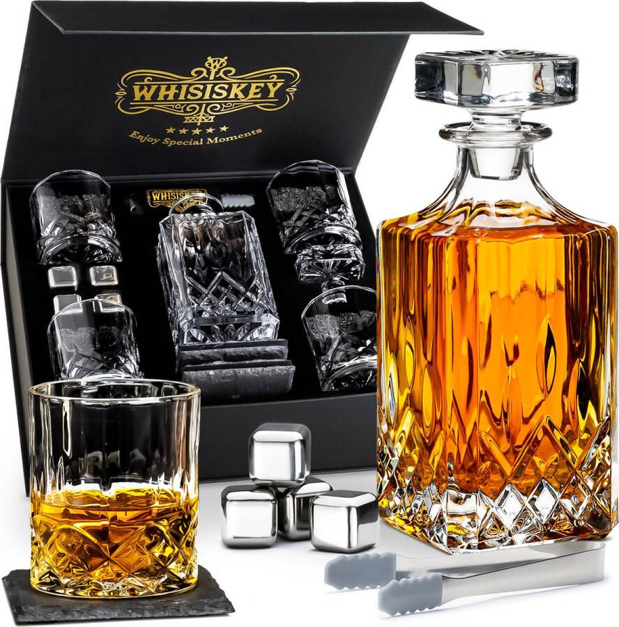 Whisiskey Whiskey Karaf Klassiek Whiskey Glazen Luxe Whiskey Karaf Set 0 8 L – Decanteer Set Whisky Set Incl. 4 Tumbler Glazen Peaky Blinders Vaderdag Cadeau