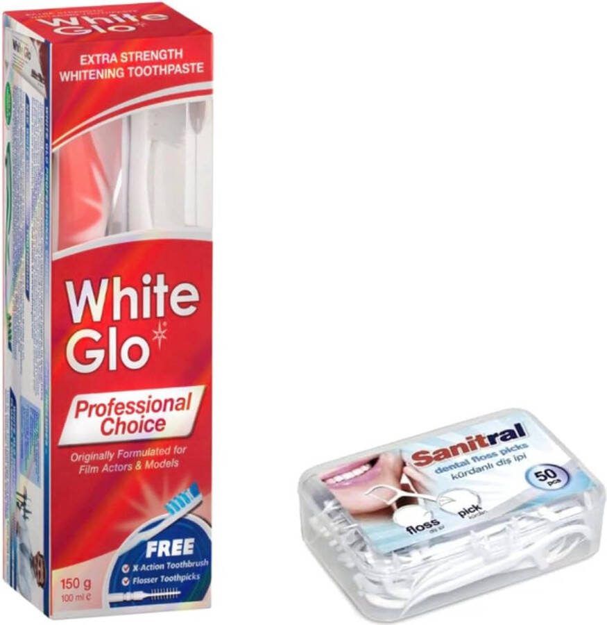 White Glo Professional Choice extra sterke tandpasta 100 ml + tandenborstel (inclusief Sanitral 50 flosssticks)