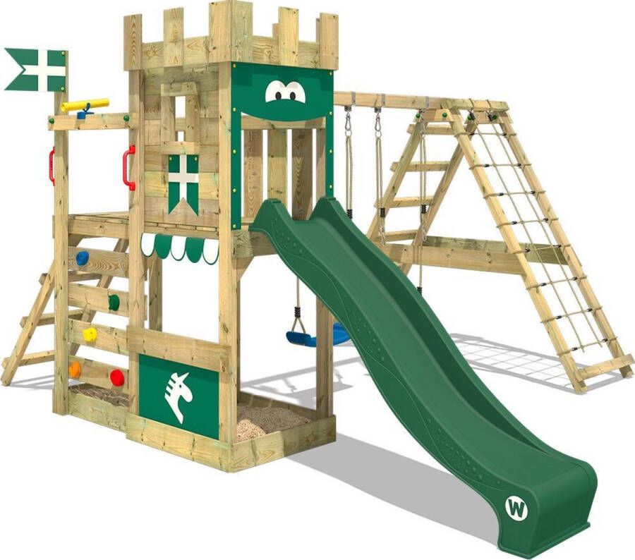 Wickey speeltoestel ridderkasteel DragonFlyer met schommel & groene glijbaan outdoor kinderklimtoren met zandbak ladder & speelaccessoires voor de tuin