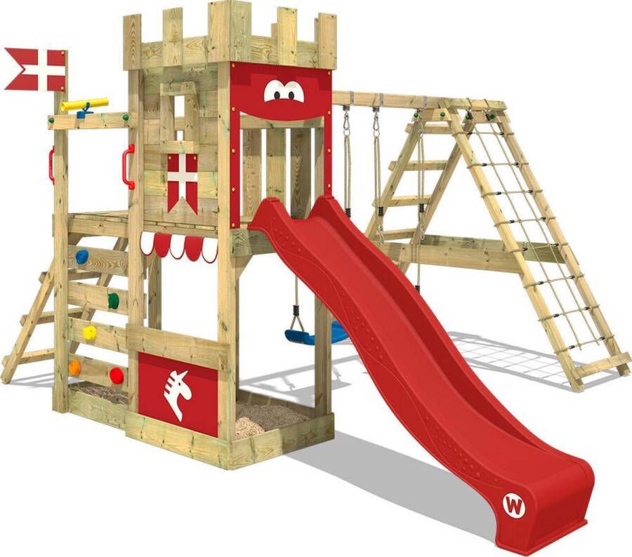 Wickey speeltoestel ridderkasteel DragonFlyer met schommel & rode glijbaan outdoor kinderklimtoren met zandbak ladder & speelaccessoires voor de tuin
