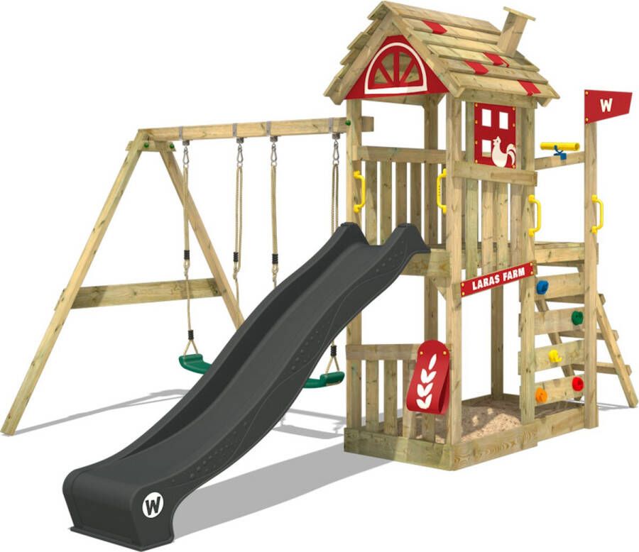 Wickey speeltoestel klimtoestel FarmFlyer met schommel rood zeil & antracietkleurige glijbaan outdoor klimtoren voor kinderen met zandbak ladder & speelaccessoires voor de tuin