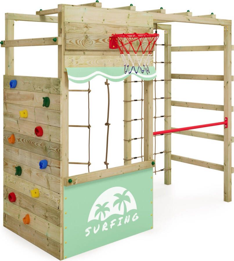 Wickey klimtoestel outdoor speeltoestel Smart Action met pastelgroen zeil speeltoestel met klimwand basketbalring & speelaccessoires voor kinderen in de tuin van hout