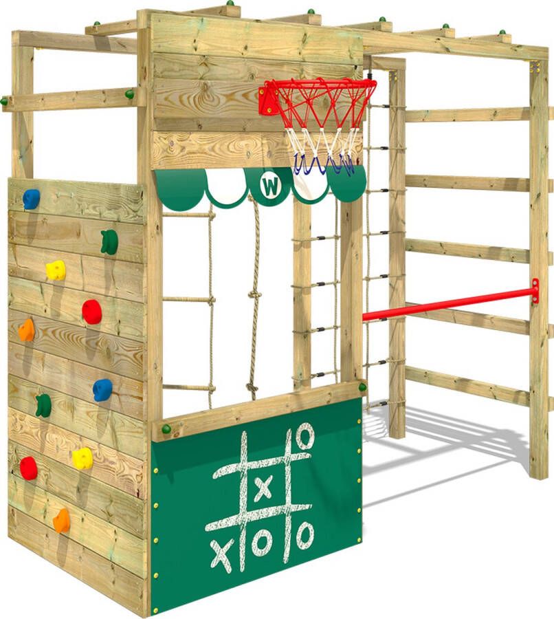 Wickey klimtoestel outdoor speeltoestel Smart Action met groen zeil speeltoestel met klimwand basketbalring & speelaccessoires voor kinderen in de tuin van hout