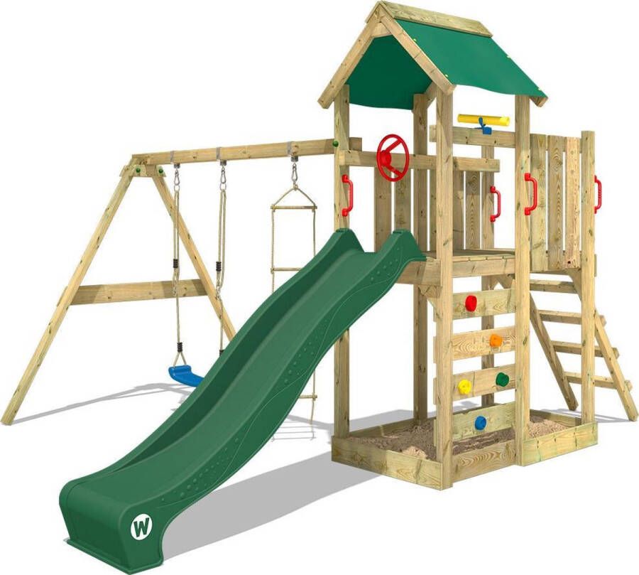 Wickey speeltoestel klimtoestel MultiFlyer met schommel en groene glijbaan outdoor kinderspeeltoestel met zandbak ladder & speelaccessoires voor de tuin