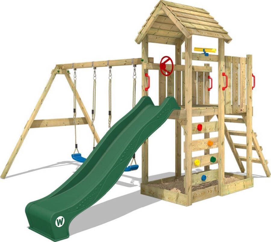 Wickey speeltoestel klimtoestel MultiFlyer met houten dak schommel & groene glijbaan outdoor klimtoren voor kinderen met zandbak ladder & speel-accessoires voor de tuin