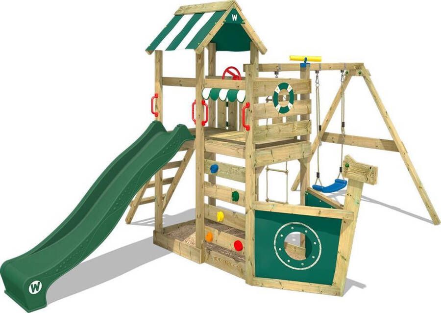 Wickey speeltoestel klimtoestel SeaFlyer met schommel & groene glijbaan outdoor klimtoren voor kinderen met zandbak ladder & speelaccessoires voor de tuin