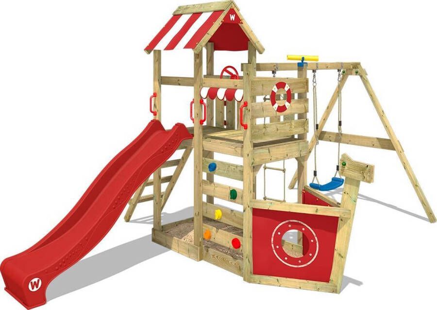 Wickey speeltoestel klimtoestel SeaFlyer met schommel & rode glijbaan outdoor klimtoren voor kinderen met zandbak ladder & speelaccessoires voor de tuin