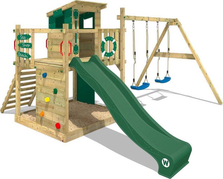 Wickey speeltoestel klimtoestel Smart Camp met schommel & groene glijbaan outdoor klimtoren voor kinderen met zandbak ladder & speelaccessoires voor de tuin
