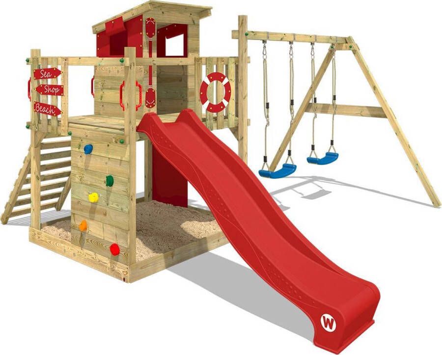 Wickey speeltoestel klimtoestel Smart Camp met schommel & rode glijbaan outdoor klimtoren voor kinderen met zandbak ladder & speelaccessoires voor de tuin